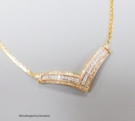 A 10k yellow metal diamond set 'herringbone' necklet, on a 14k yellow metal chain, gross weight 15.