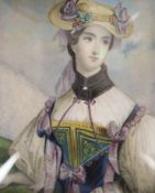 A large 19th century portrait miniature of a lady, the figure in elaborate dress, her hat adorned