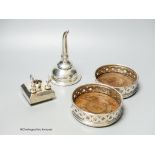 A silver plated wine funnel, a pair of plated coasters and a novelty cigar lamp
