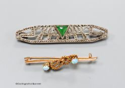 A yellow metal and two stone opal set ropetwist bar brooch, 42mm, gross 3.4 grams and a French Art