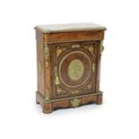 A Louis XVI style marquetry inlaid walnut, marble topped pier cabinet, width 84cm, depth 40cm,