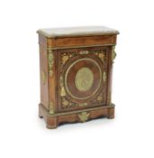 A Louis XVI style marquetry inlaid walnut, marble topped pier cabinet, width 84cm, depth 40cm,