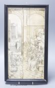 A 19th century engraved and sepia-stained ivory plaque with interior scene, width 18cm height 36cm
