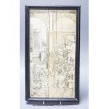 A 19th century engraved and sepia-stained ivory plaque with interior scene, width 18cm height 36cm