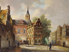 20th century Dutch School, oil on panel, Street scene with figures, signed, 23 x 29cm.