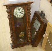 A Conneticut shelf clock and one other wall clock and plated shelf, tallest 94cm