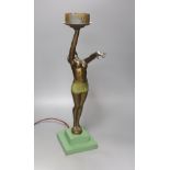 An Art Deco patinated spelter figural lamp, overall height 50cm