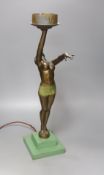 An Art Deco patinated spelter figural lamp, overall height 50cm