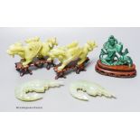 A group of Chinese hardstone carvings, mid 20th century to include a pair of mythical beasts, a