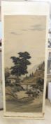 An early 20th century Japanese painted felt and watercolour landscape scroll