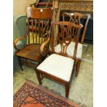 A late Victorian ash and elm stick back elbow chair and two country Chippendale mahogany dining