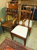 A late Victorian ash and elm stick back elbow chair and two country Chippendale mahogany dining