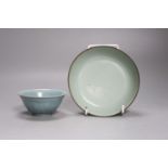 A Chinese celadon bowl and a teabowl, diameter 15cm