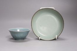 A Chinese celadon bowl and a teabowl, diameter 15cm