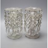 A pair of early Victorian glass lustres with hobnail cut stems, height 19cm