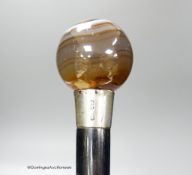 A late Victorian banded agate ball top cane, maker’s mark RB, London 1891, 91cm