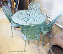 A Victorian style circular aluminium garden table, diameter 80cm, together with four matching