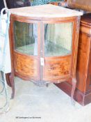 A 19th century French marquetry inlaid marble top bow front corner cabinet, width 66cm, depth 45cm,