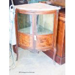 A 19th century French marquetry inlaid marble top bow front corner cabinet, width 66cm, depth 45cm,