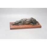 Animalier School, A 19th century bronze figure of a recumbent greyhound, on marble base, length