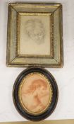 A 17th century drawing of child's head and a small sepia engraving. 14 x 10.5cm. & 12 x 10cm.