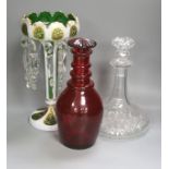 A rare ruby glass decanter circa 1830, a Bohemian overlaid glass table lustre and a cut clear glass