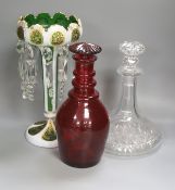 A rare ruby glass decanter circa 1830, a Bohemian overlaid glass table lustre and a cut clear glass