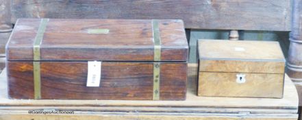 A Victorian brass bound rosewood writing slope, W.50cm, together with a Victorian walnut work box