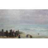 After Eugene Boudin, oil on canvas, children on the beach, 1899 Exposition Eugene Boudin label