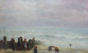After Eugene Boudin, oil on canvas, children on the beach, 1899 Exposition Eugene Boudin label