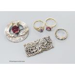 Three assorted modern 9ct gold and gem set dress rings, gross 7.3 grams, a Scottish silver Iona
