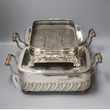 A pair of old Sheffield plated chafing dishes, width overall 40cm, and another similar dish