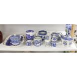 A collection of English blue and white pottery, various dates, comprising a moulded hexagonal