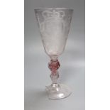 A Bohemian ruby twist engraved armorial goblet and cover, circa 1700, engraved with the Royal Arms,