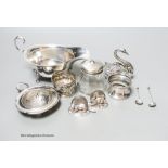 A silver sauceboat, a pair of G. Brace & Co Ltd animal menu holders and sundry silver and silver-