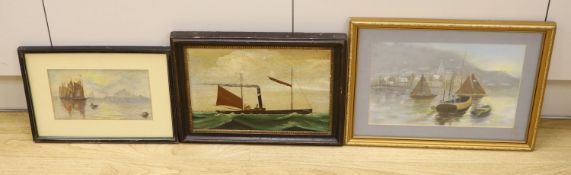Primitive School, oil on board, steam trawler at sea, 21 x 29cm and two marine watercolours.