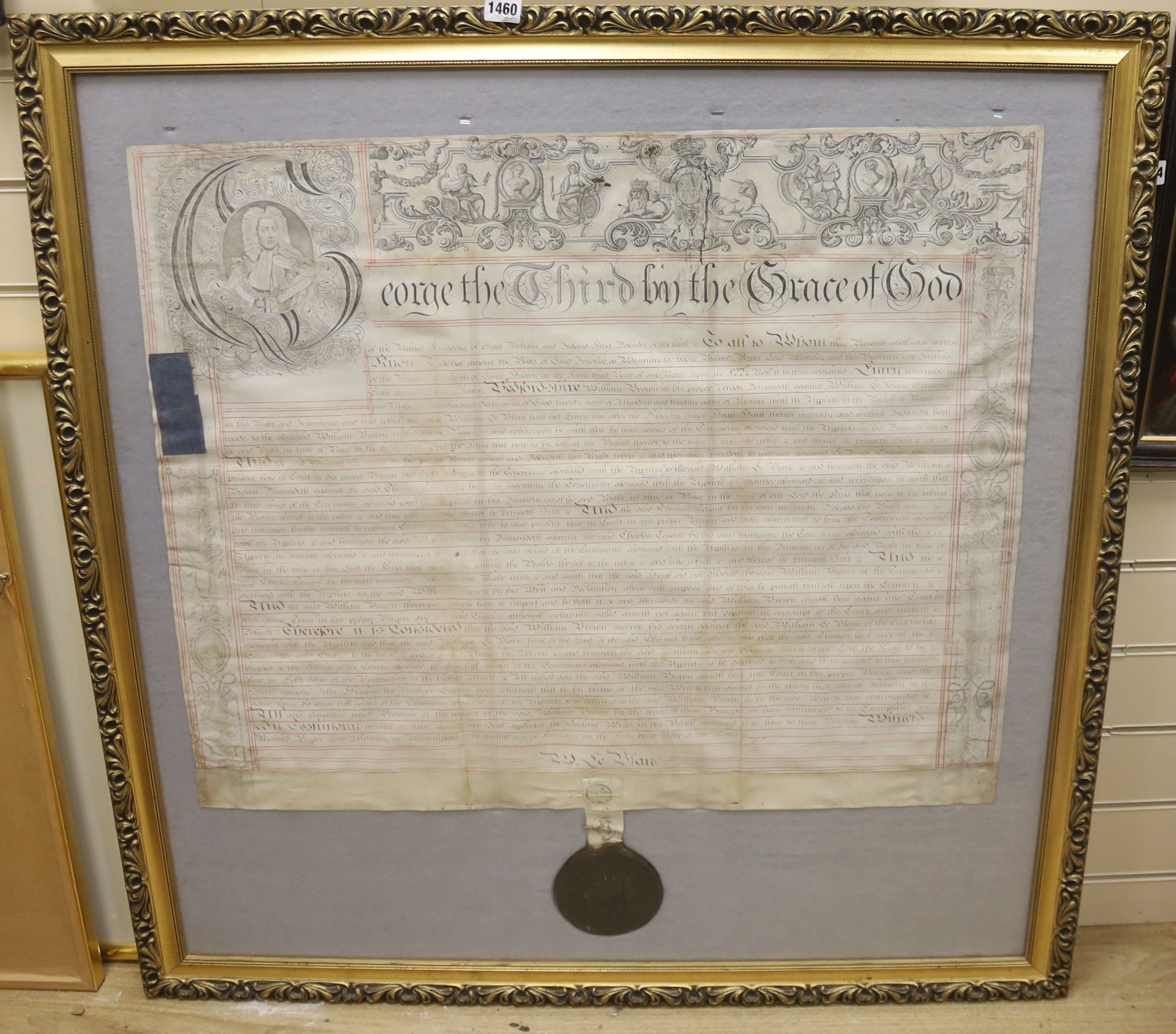 A large Bedfordshire deed of trust with wax seal, (later framed), 104 x 101cm.