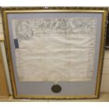 A large Bedfordshire deed of trust with wax seal, (later framed), 104 x 101cm.