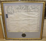 A large Bedfordshire deed of trust with wax seal, (later framed), 104 x 101cm.