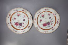 A pair of Chinese export porcelain famille rose octagonal plates, Qing Dynasty, Qianlong period,