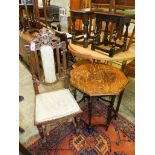 A 1920's octagonal oak centre table, width 60cm, height 64cm, together with a Flemish carved oak