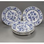 Five Meissen onion pattern dishes, diameter 24.5cm