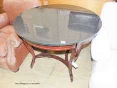 A reproduction French Empire style circular mahogany marble top centre table, diameter 96cm, height
