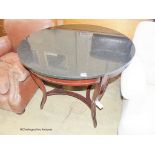 A reproduction French Empire style circular mahogany marble top centre table, diameter 96cm, height