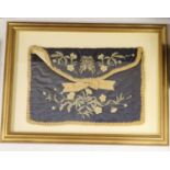 A framed 19th century embroidered silk bag26x38cm
