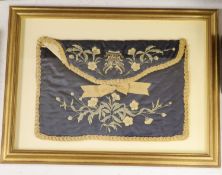 A framed 19th century embroidered silk bag26x38cm