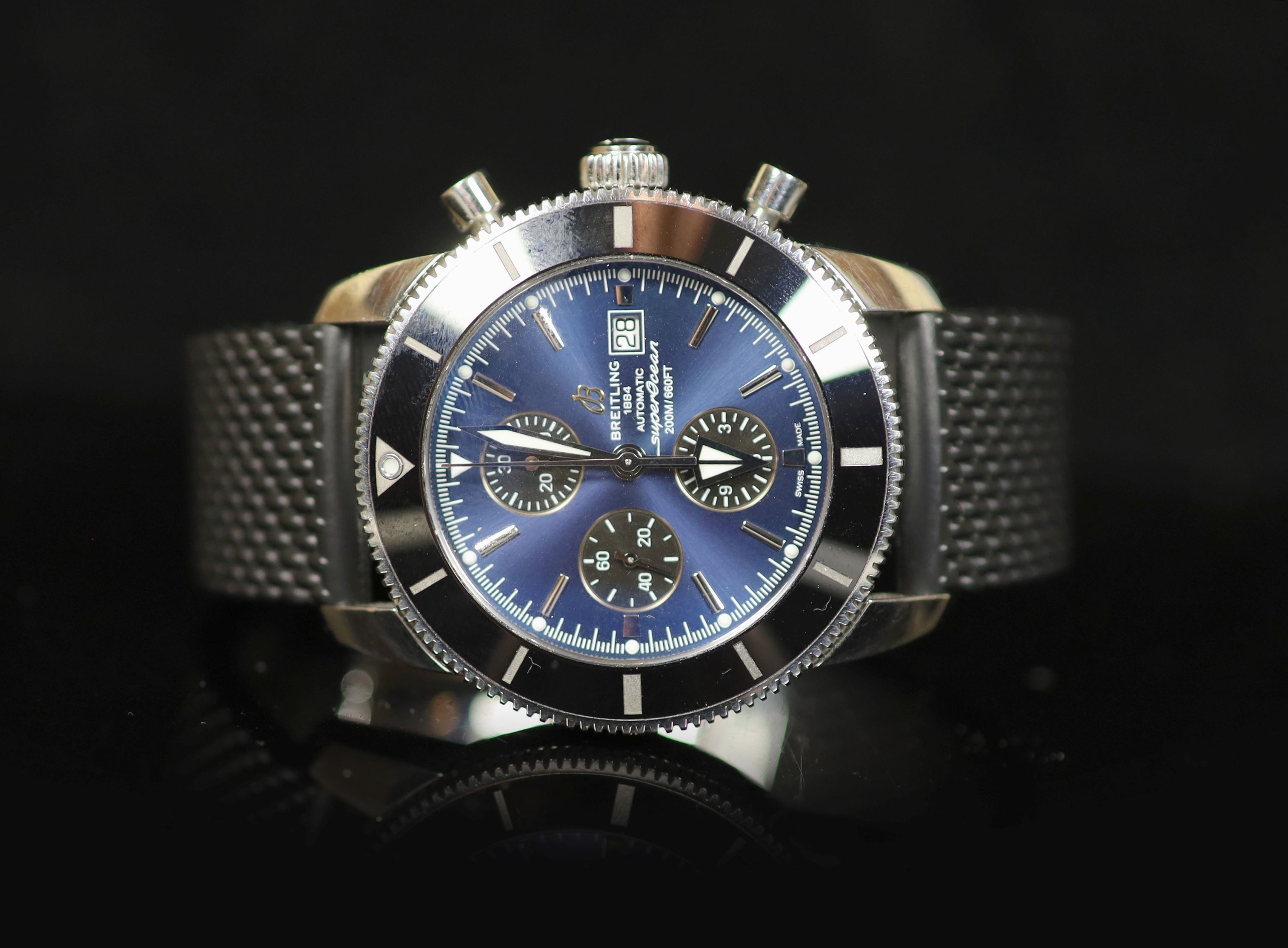 A gentleman's modern stainless steel Breitling Super Ocean automatic wrist watch,with blue dial,