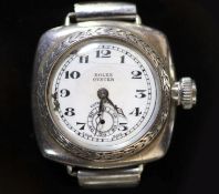 A late 1920's gentleman’s silver cushion cased Rolex Oyster Ultra Prima manual wind wrist watch,on