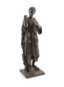 A large 19th century bronze figure of a classical maidenstanding, adjusting her toga, Reproduction