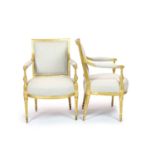 A pair of Louis XVI style giltwood elbow chairswith moulded show wood frames, upholstered arms